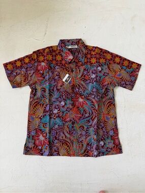 Batik Keris Indonesia Dress Shirt Kids Maroon Floral Short Sleeve Size S NWT